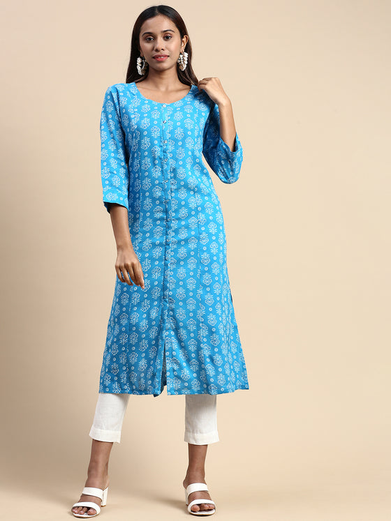 Cotton Flower Printed Round Neck Straight Cut Blue Kurti PK28
