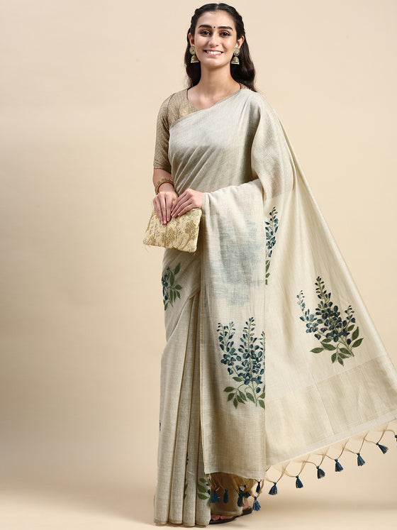 Womens Semi Tussar Grey Flower Embroidery Saree ST90