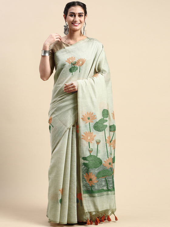 Womens Semi Tussar Sandal & Grey Flower Embroidery Saree ST92