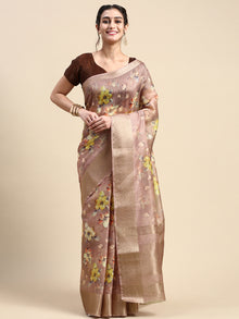  Semi Organza Brown and Sandal Flower Printed with Jari Border Saree SOS01