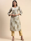 Cotton Green & Grey Round Neck Straight Cut Printed Kurti PK33