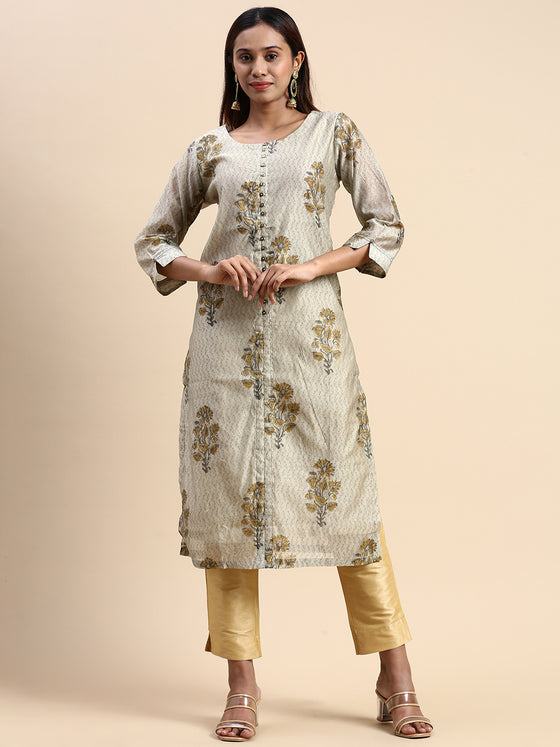Cotton Green & Grey Round Neck Straight Cut Printed Kurti PK33