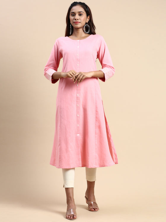 Cotton Plain Round Neck Straight Cut Pink Kurti CPK06