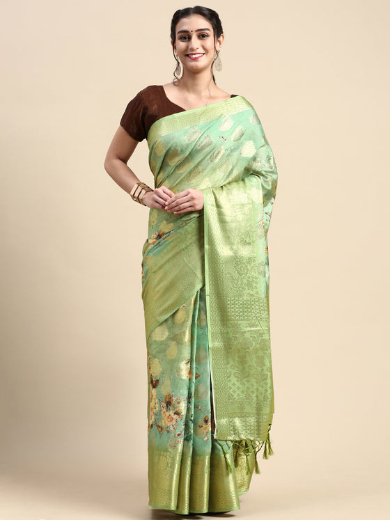 Semi Tussar Green Flower Printed Saree with Tassels STP13