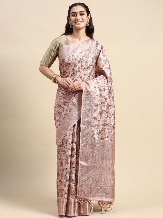 Elegant Dola Silk Pink Digital Print with Jari Border Sarees DS06