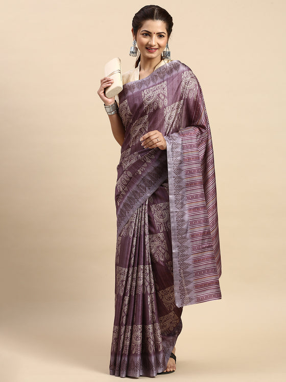 Semi Tussar Purple & Sandal Flower Embroidery Saree ST93