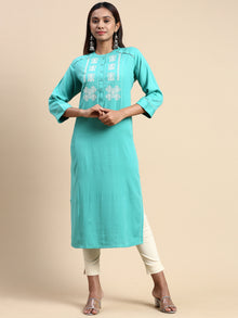  Cotton Embroidered Mandarin Collar Straight Cut Green Kurti EK25