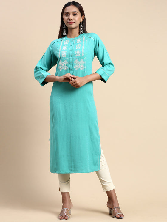 Cotton Embroidered Mandarin Collar Straight Cut Green Kurti EK25