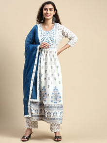  Beautiful White with Blue Printed & Embroidered Kurti Set PKS03