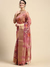 Semi Chanderi Pink Flower Printed with Jari Border Saree SOS06