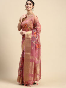  Semi Chanderi Pink Flower Printed with Jari Border Saree SOS06
