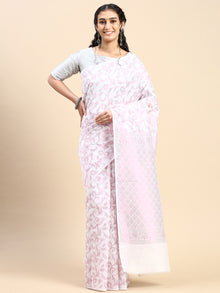  Stylish Off White & Pink Flower Design Semi Kora Cotton Saree SK80