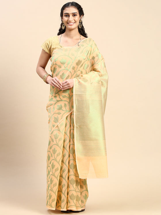 Stylish Sandal Flower Design Semi Kora Cotton Saree SK90