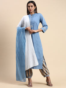  Cotton Blue & Brown Collar Neck Straight Cut Printed Kurti Set PKS10