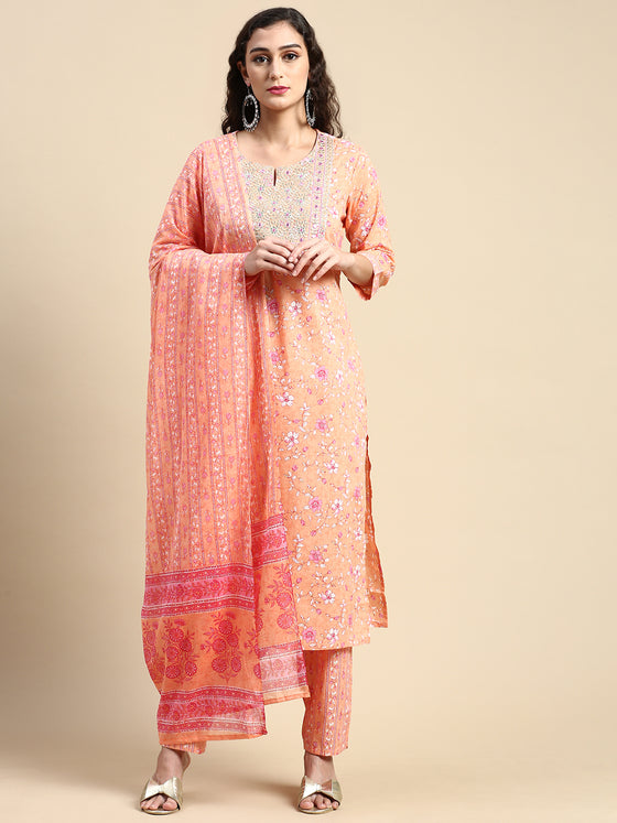 Beautiful Orange with Pink Printed & Embroidered Kurti Set PKS07
