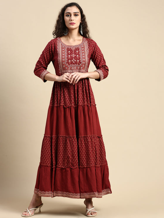 Elegant Embroidered and Printed Red & Sandal Umbrella Kurti EK20