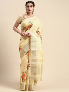  Elegant Semi Linen Flower Digital Light Sandal Saree SL58