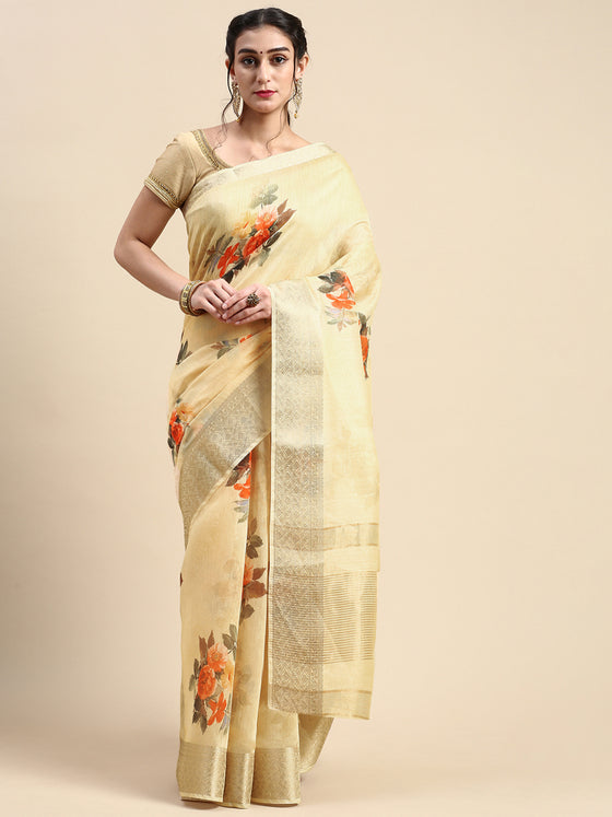 Elegant Semi Linen Flower Digital Light Sandal Saree SL58