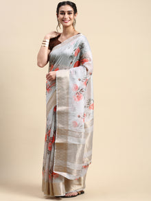  Semi Organza Grey Flower Printed with Jari Border Saree SOS02