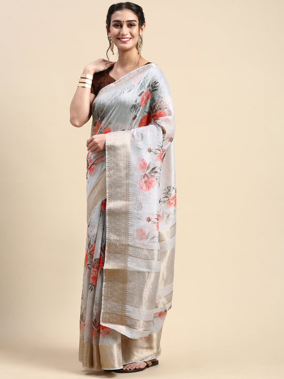 Semi Organza Grey Flower Printed with Jari Border Saree SOS02