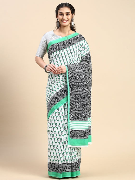 Elegant Green & White Flower Printed Pure Cotton Saree PCS51