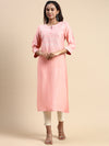 Cotton Embroidered Round Neck Straight Cut Pink Kurti EK35
