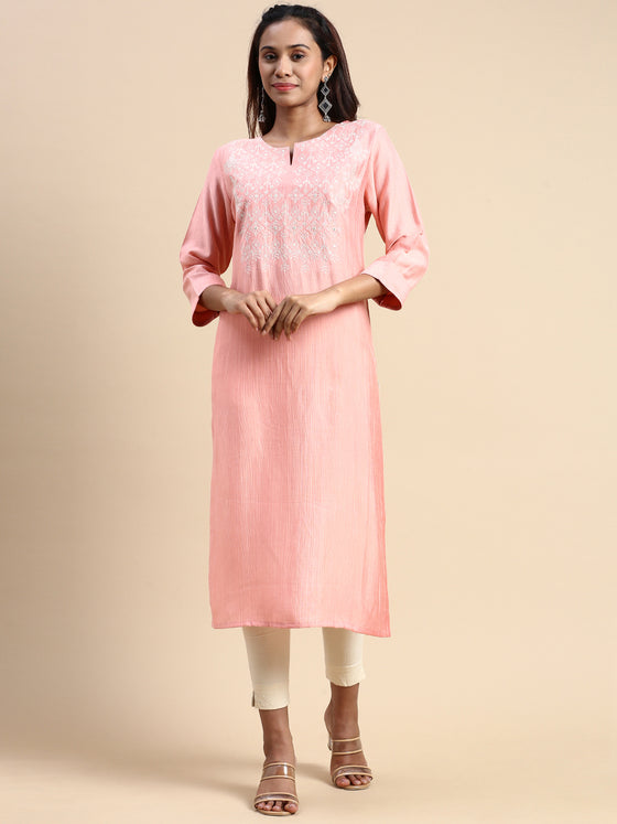 Cotton Embroidered Round Neck Straight Cut Pink Kurti EK35