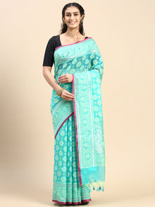 Stylish Flower Design Green & Blue Semi Kora Cotton Saree SK94