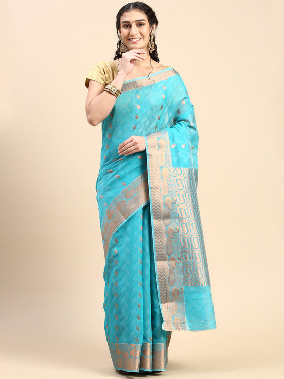 Stylish Copper Jari Green Semi Kora Cotton Saree SK92