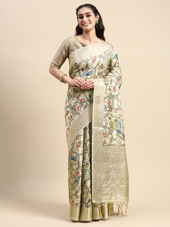 Alluring Dola Silk Sandal Flower Digital Print with Jari Border Sarees DS03