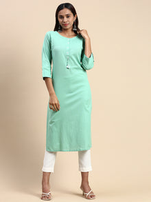  Cotton Plain Round Neck Straight Cut Green Kurti CPK02
