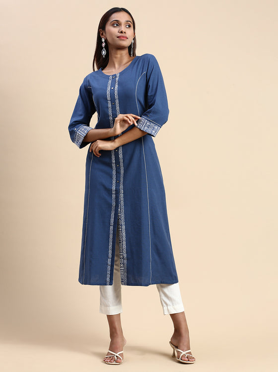 Cotton Printed Round Neck Straight Cut Navy Kurti PK31