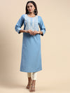 Cotton Embroidered Round Neck Straight Cut Blue Kurti EK26