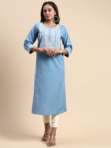  Cotton Embroidered Round Neck Straight Cut Blue Kurti EK26