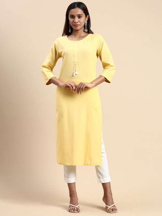 Cotton Plain Round Neck Straight Cut Yellow Kurti CPK05