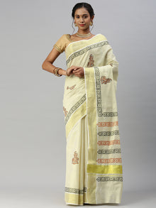  Kerala Tissue Printed Gold Jari Border Saree OKS27 Onam Collection