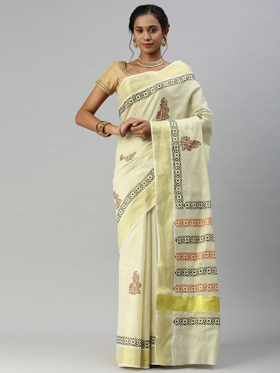 Kerala Tissue Printed Gold Jari Border Saree OKS27 Onam Collection