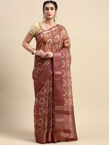  Elegant Semi Linen Flower Digital Print Maroon & Sandal Saree SL57