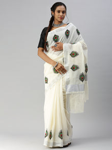  Kerala Off White Peacock Feather Design Printed Silver Jari Saree OKS03