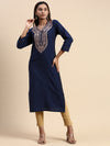 Cotton Embroidered V Neck Straight Cut Navy Kurti EK31