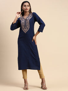  Cotton Embroidered V Neck Straight Cut Navy Kurti EK31