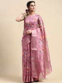  Semi Organza Lavender and Orange Flower Printed with Jari Border Saree SOS05