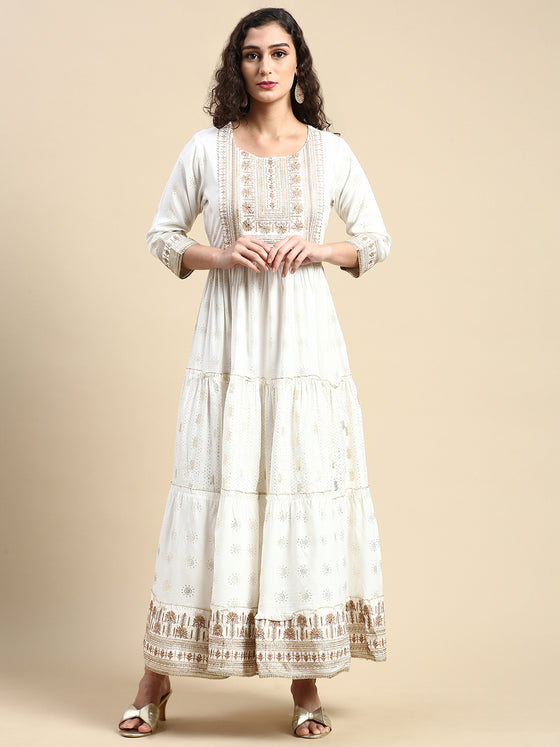 Elegant Embroidered and Printed White & Sandal Umbrella Kurti EK22