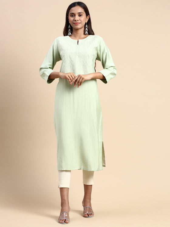 Cotton Embroidered Round Neck Straight Cut Green Kurti EK36
