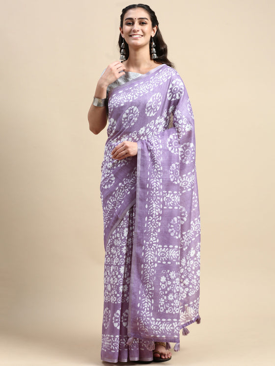 Elegant Semi Linen Flower Digital Print Lavender & White Saree SL64