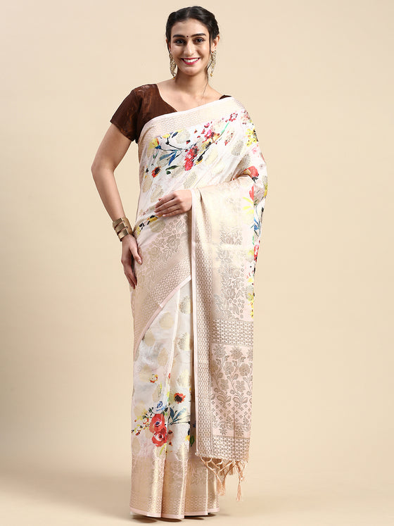 Semi Tussar Sandal Flower Printed Saree with Tassels STP14