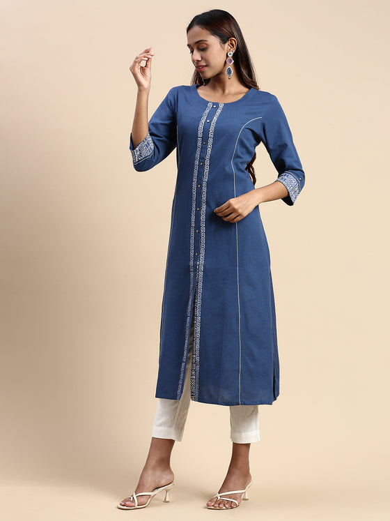 Cotton Printed Round Neck Straight Cut Navy Kurti PK31