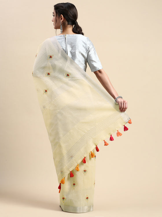 Alluring Semi Linen Light Sandal Printed Embroidery Saree SLPE04