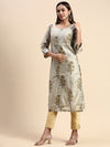 Cotton Green & Grey Round Neck Straight Cut Printed Kurti PK33