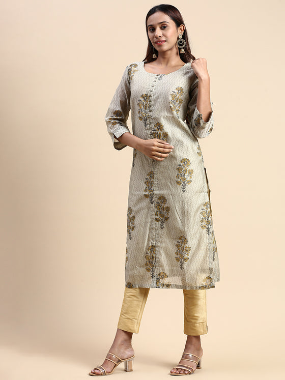 Cotton Green & Grey Round Neck Straight Cut Printed Kurti PK33